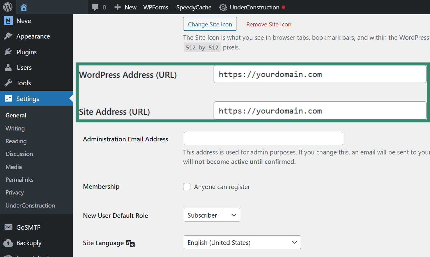 The General Settings page in WordPress, with the WordPress Address and Site Address fields highlighted and updated to use HTTPS.