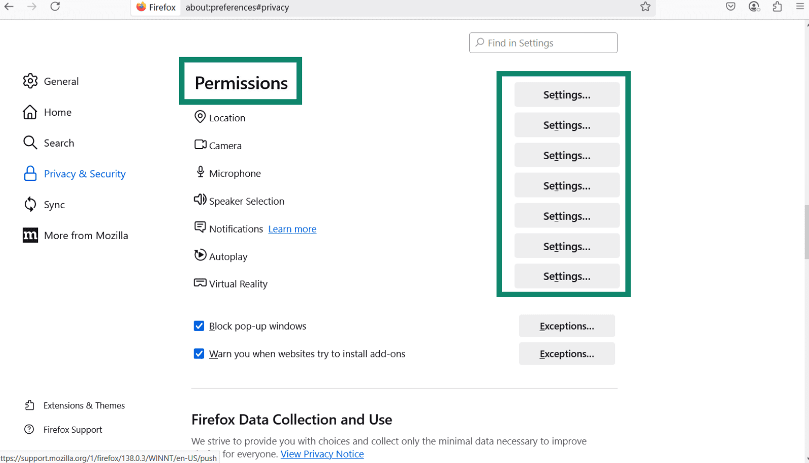 The Firefox Privacy & Security settings, scrolled down to Permissions.