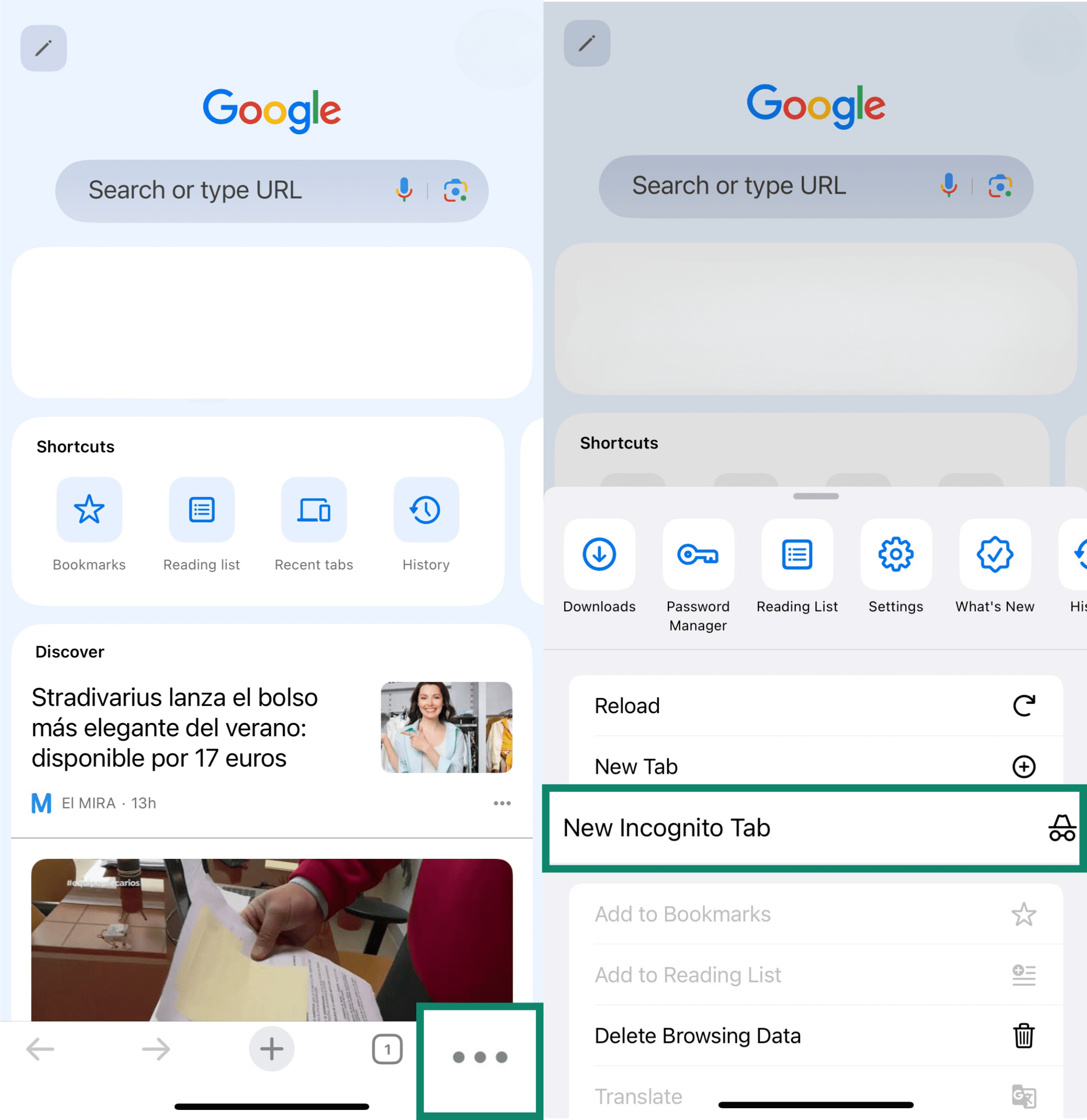 Two side-by-side screenshots of the Chrome app on iPhone. The left screenshot highlights the three-dot menu icon in the bottom-right corner. The right screenshot shows the menu open with “New Incognito Tab” highlighted.