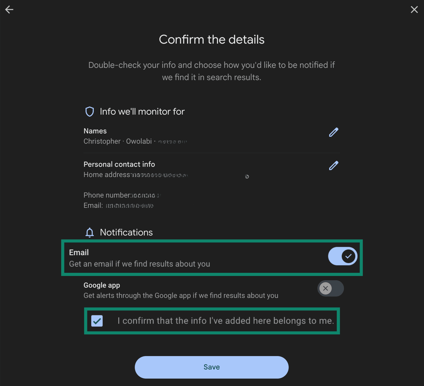 Notification preferences and data check confirmation highlighted on Google's data removal settings.