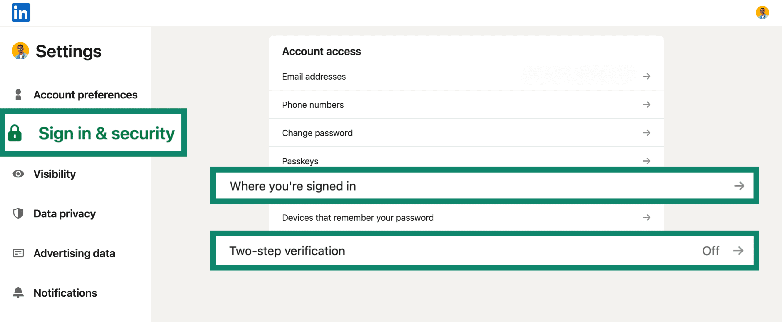 Screenshot of the LinkedIn 'Sign in & security' settings with the 'Where you’re signed in' and 'Two-step verification' options highlighted.