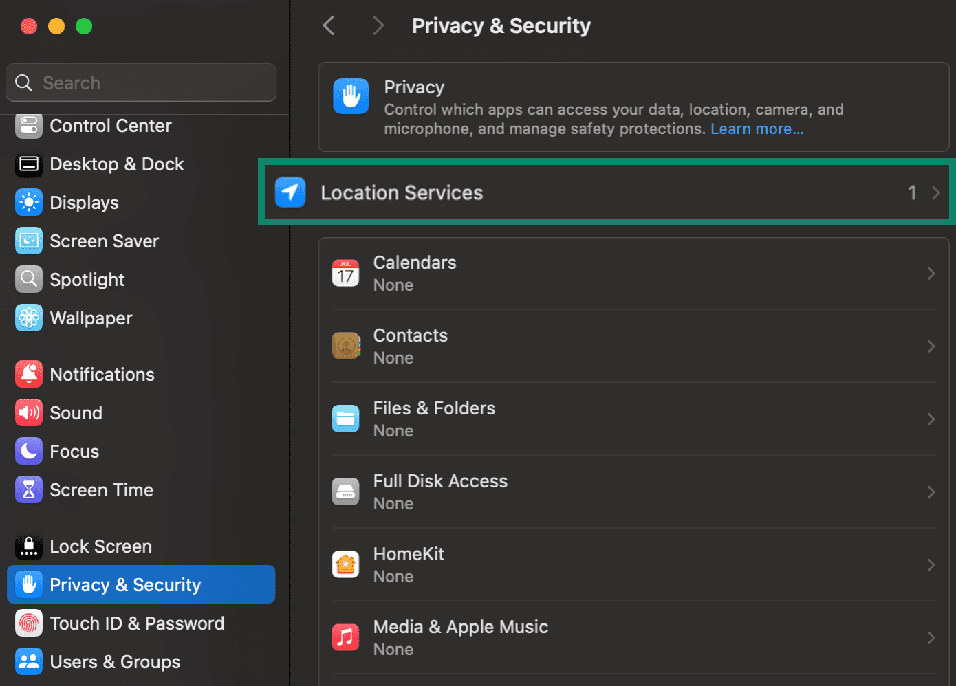 Mac System Settings Privacy & Security tab with Location Services highlighted.