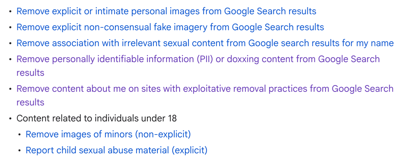 Google content removal options for multiple user types and reasons.