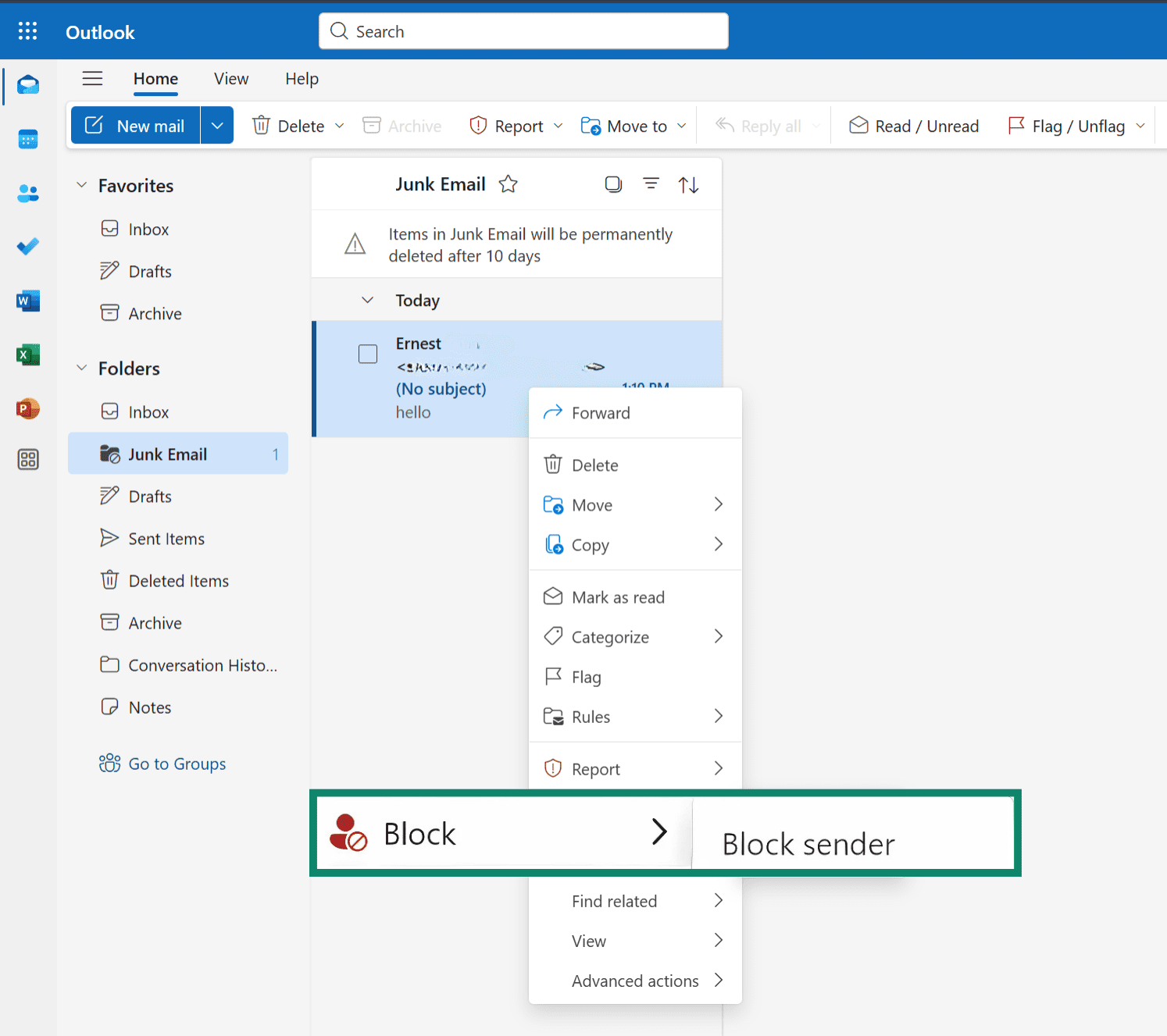 Outlook's spam email block options.