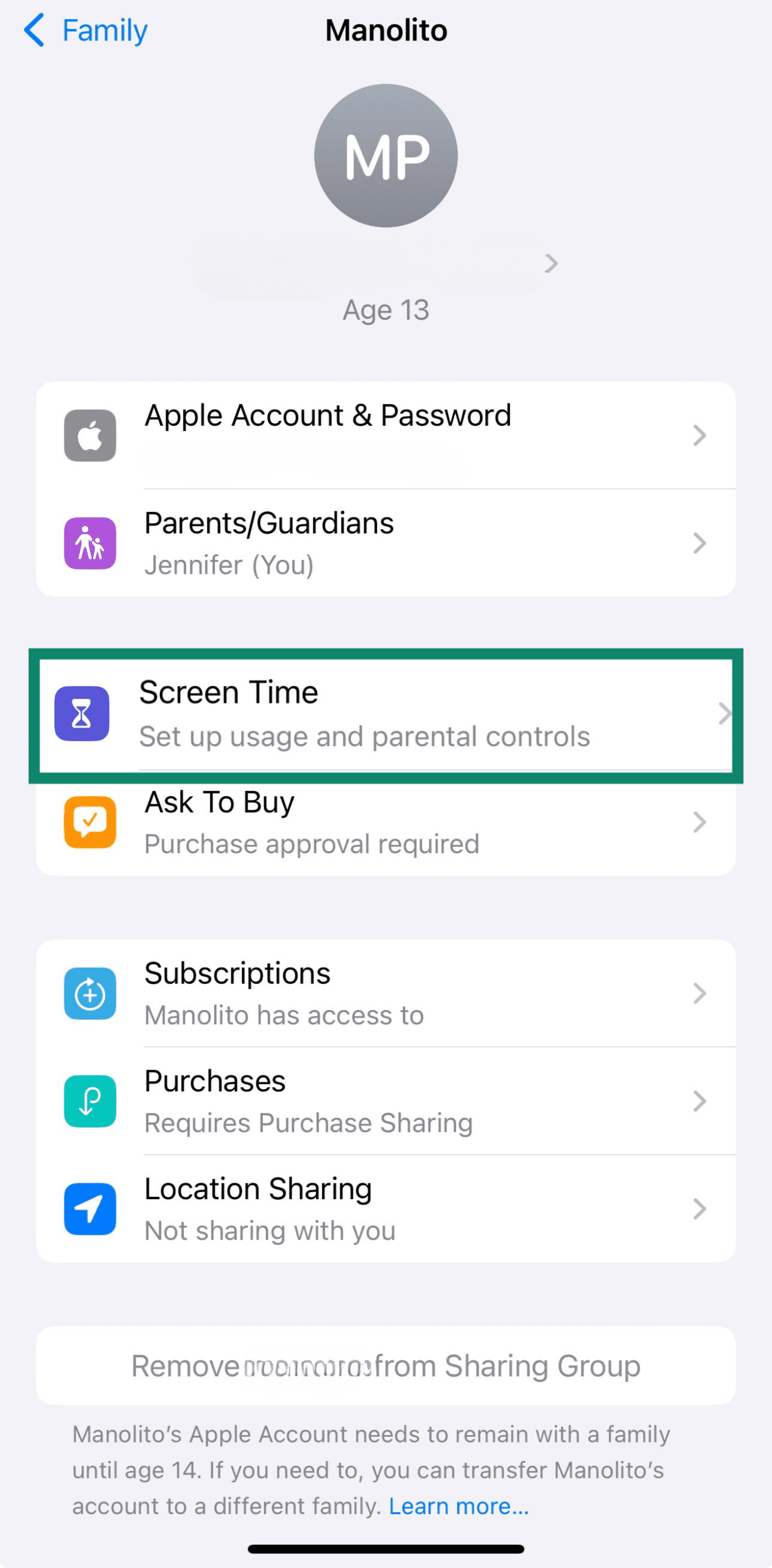 Screen Time menu opened under child’s account on iPhone