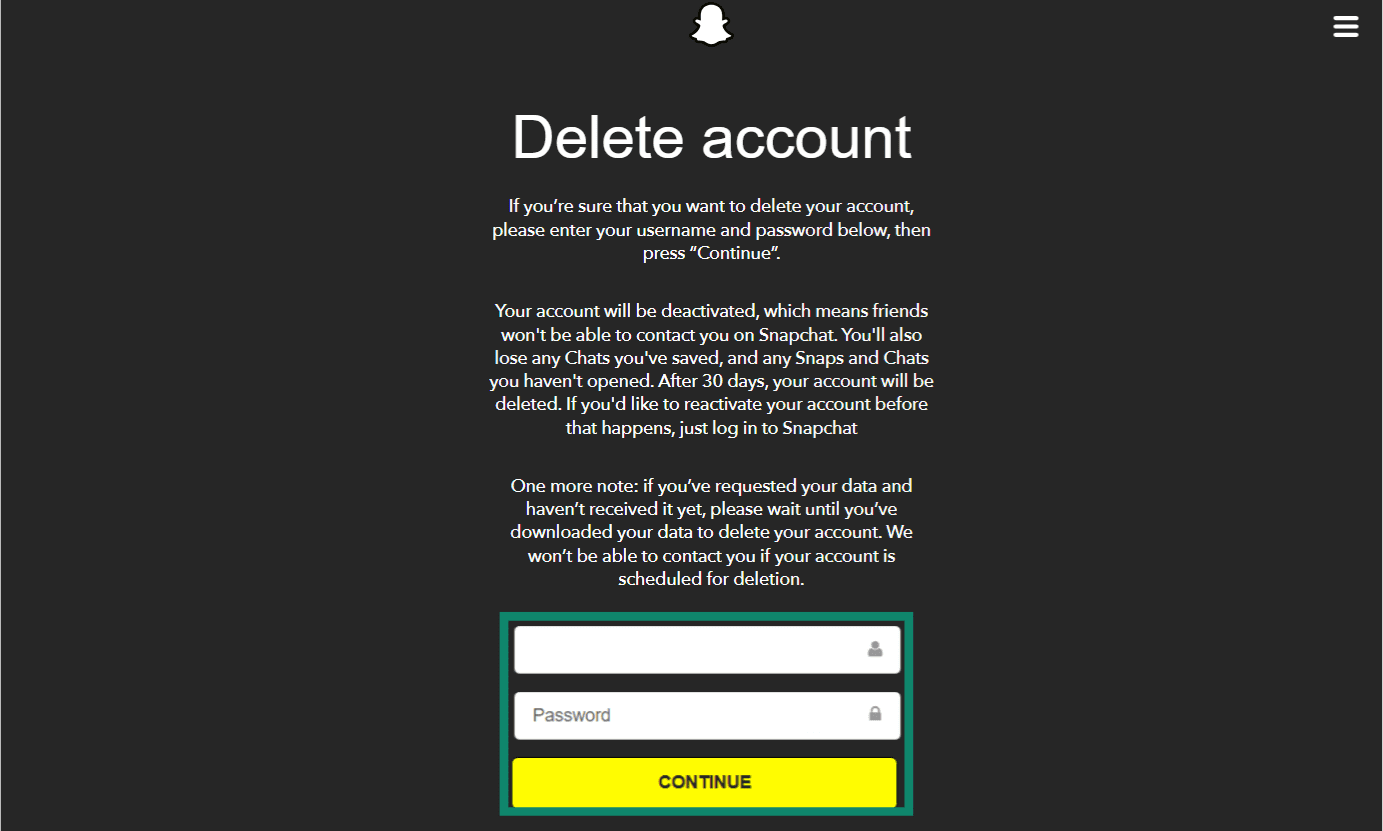 The Delete account page for Snapchat in a web browser.