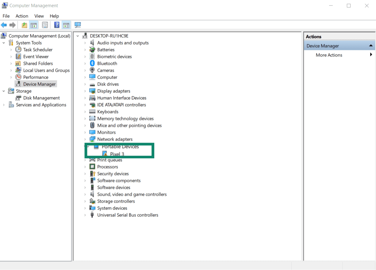 Windows Device Manager showing Portable Devices and Pixel 3.