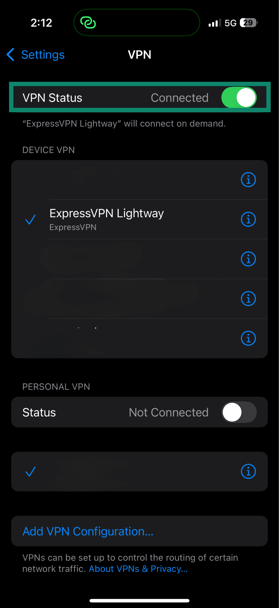 iPhone VPN settings screen showing ExpressVPN Lightway as the active connection.