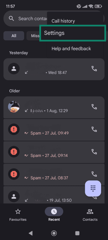 Phone app interface showing how to access the app's settings.