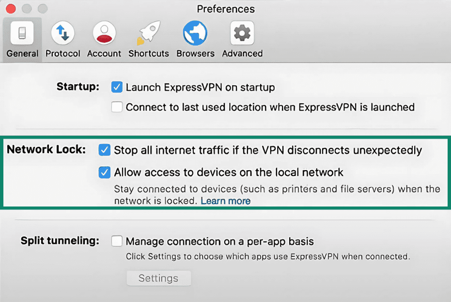 ExpressVPN Preferences on macOS, showing the checkbox for ‘Block internet traffic when VPN disconnects’ ticked, enabling the network lock feature.