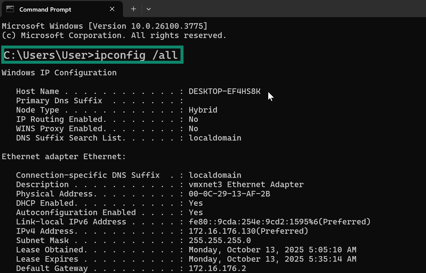 Windows Command Prompt showing