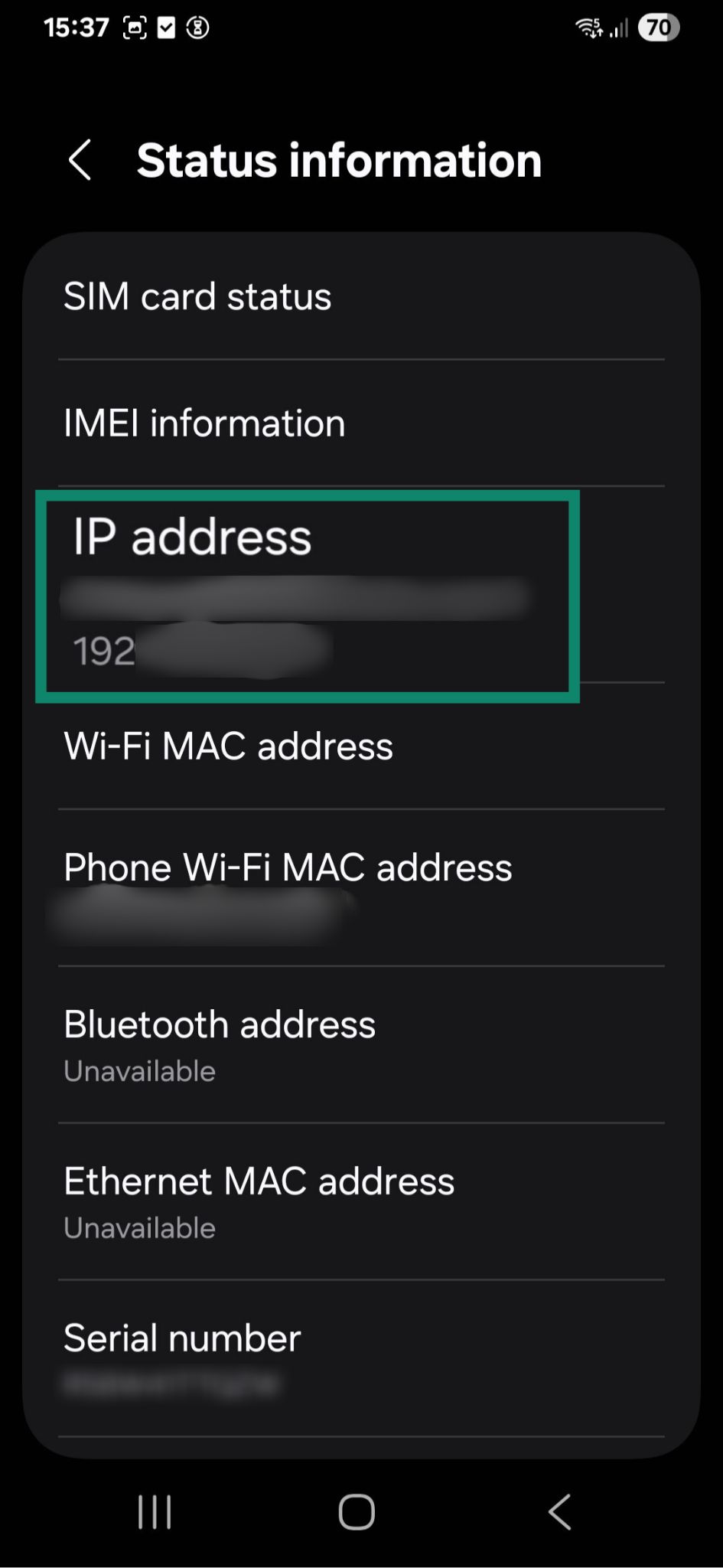 An Android phone displaying its local IP address.