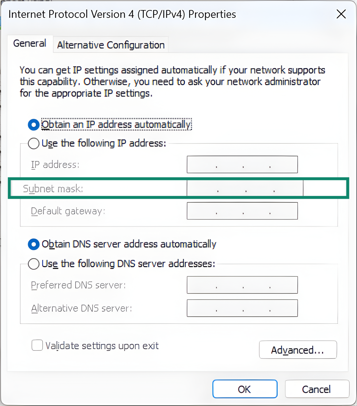 Windows 11 IPv4 user menu, with the "Subnet mask" field highlighted.