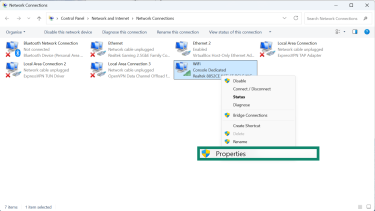 Windows 11 Network Connections user menu.