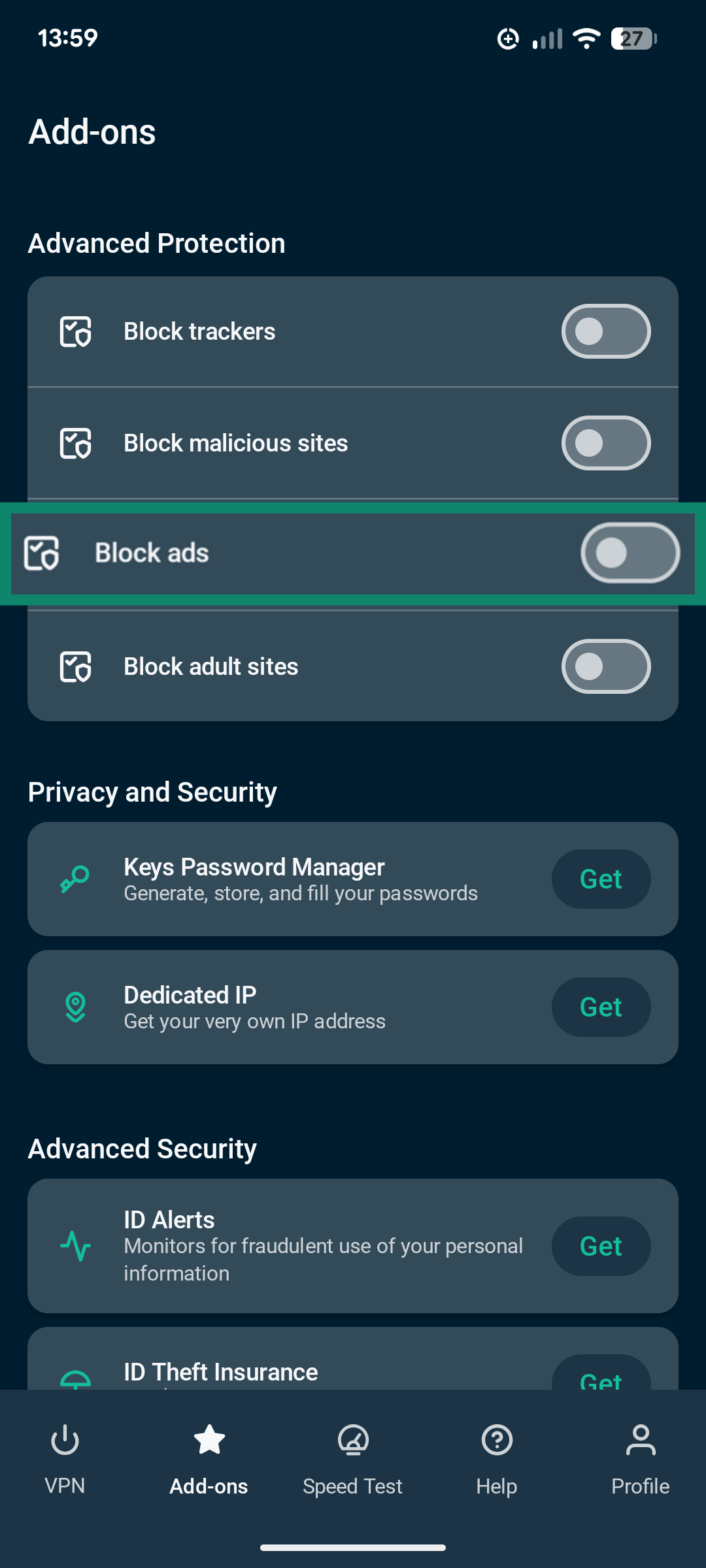 A screenshot of the ExpressVPN Android app, showing the toggle switch for the Block ads feature.