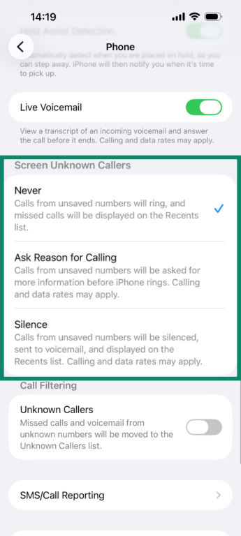 iOS 26 settings screen with the Screen Unknown Caller options highlighted.