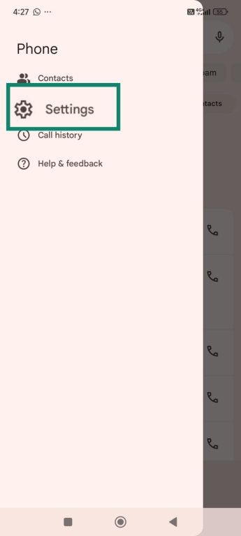 Android screen with Settings option highlighted.