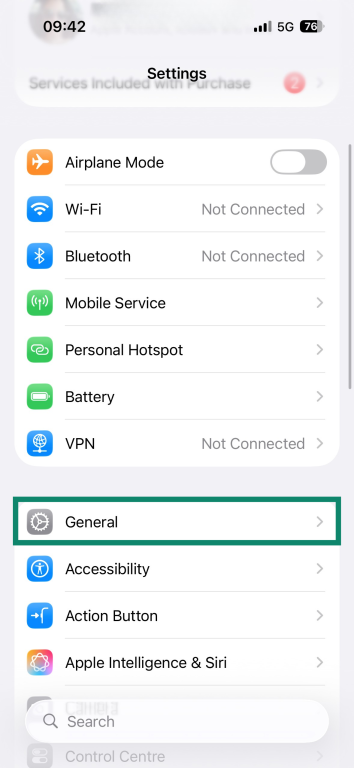 The "General" option highlighted in the Settings menu on iOS.