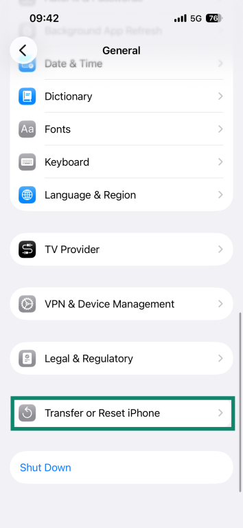 The "Transfer or Reset iPhone" button is at the bottom of the general settings page.