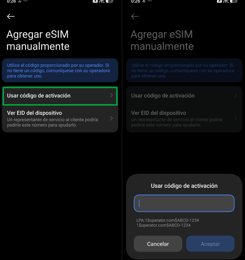 Scan QR code from carrier to set up eSIM on Android.