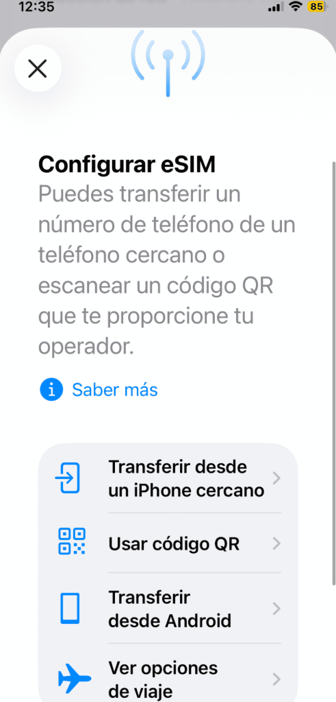 Set up eSIM option to transfer from nearby iPhone, Use QR Code, or Transfer from Android.