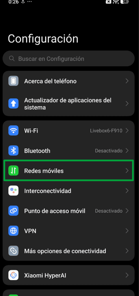 Settings app on Android with Network & internet option