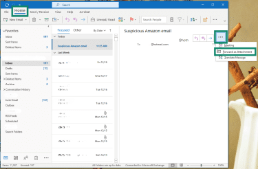 Microsoft Outlook inbox showing a suspicious Amazon email selected, with More options menu open and the Forward as Attachment option highlighted