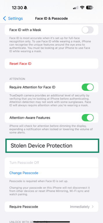 Tap Stolen Device Protection.