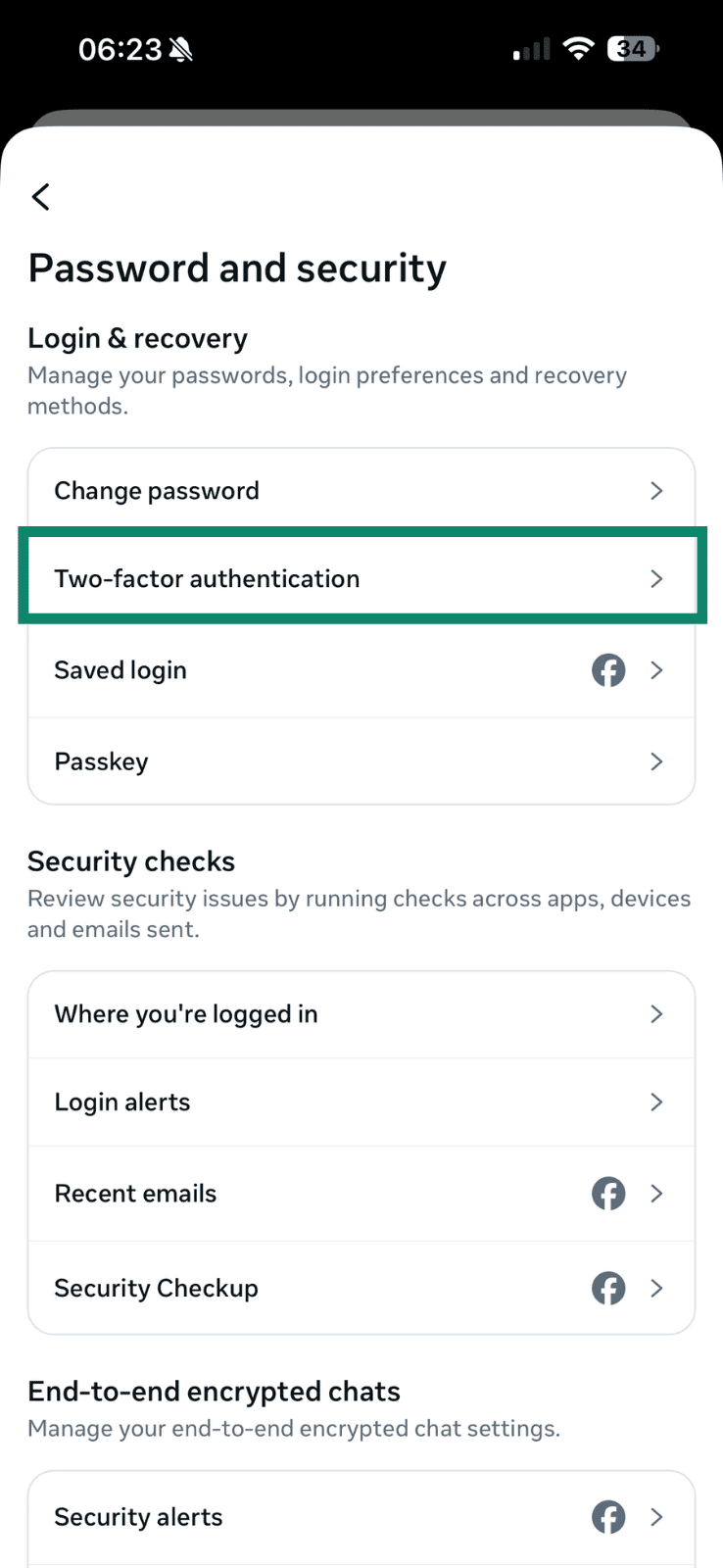 The Password and Security menu on Facebook mobile, with