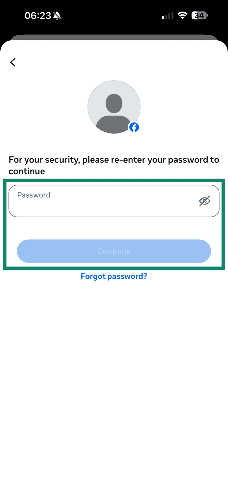 A prompt for re-entering a Facebook password on mobile.