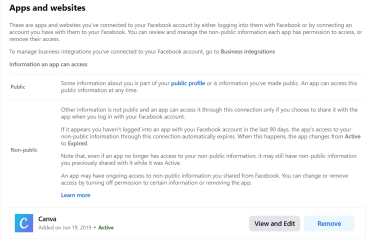 'Apps and websites' settings page showing connected third-party apps, displaying an entry for Canva with a 'Remove' button.