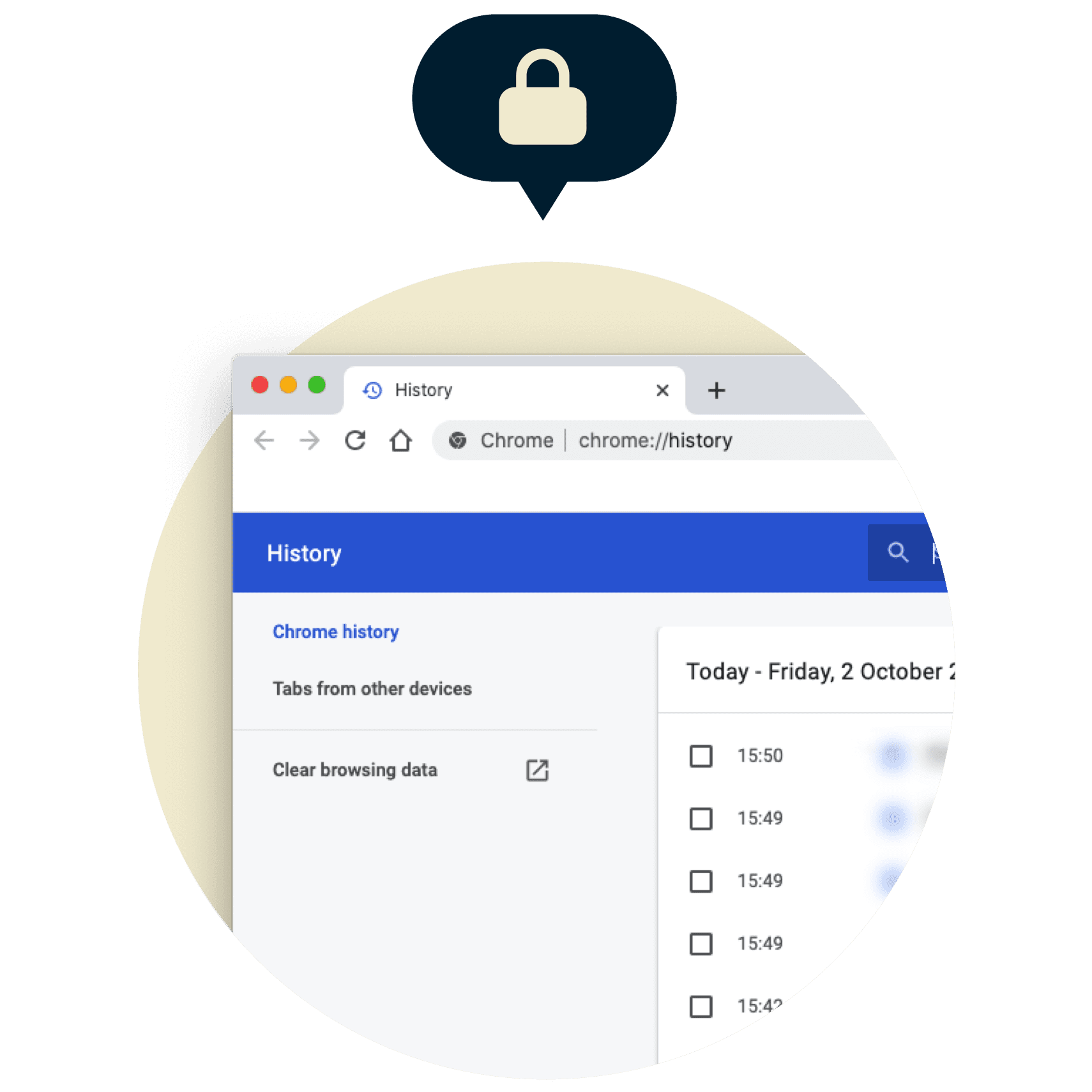 Historique du navigateur Chrome avec un verrou dessus.