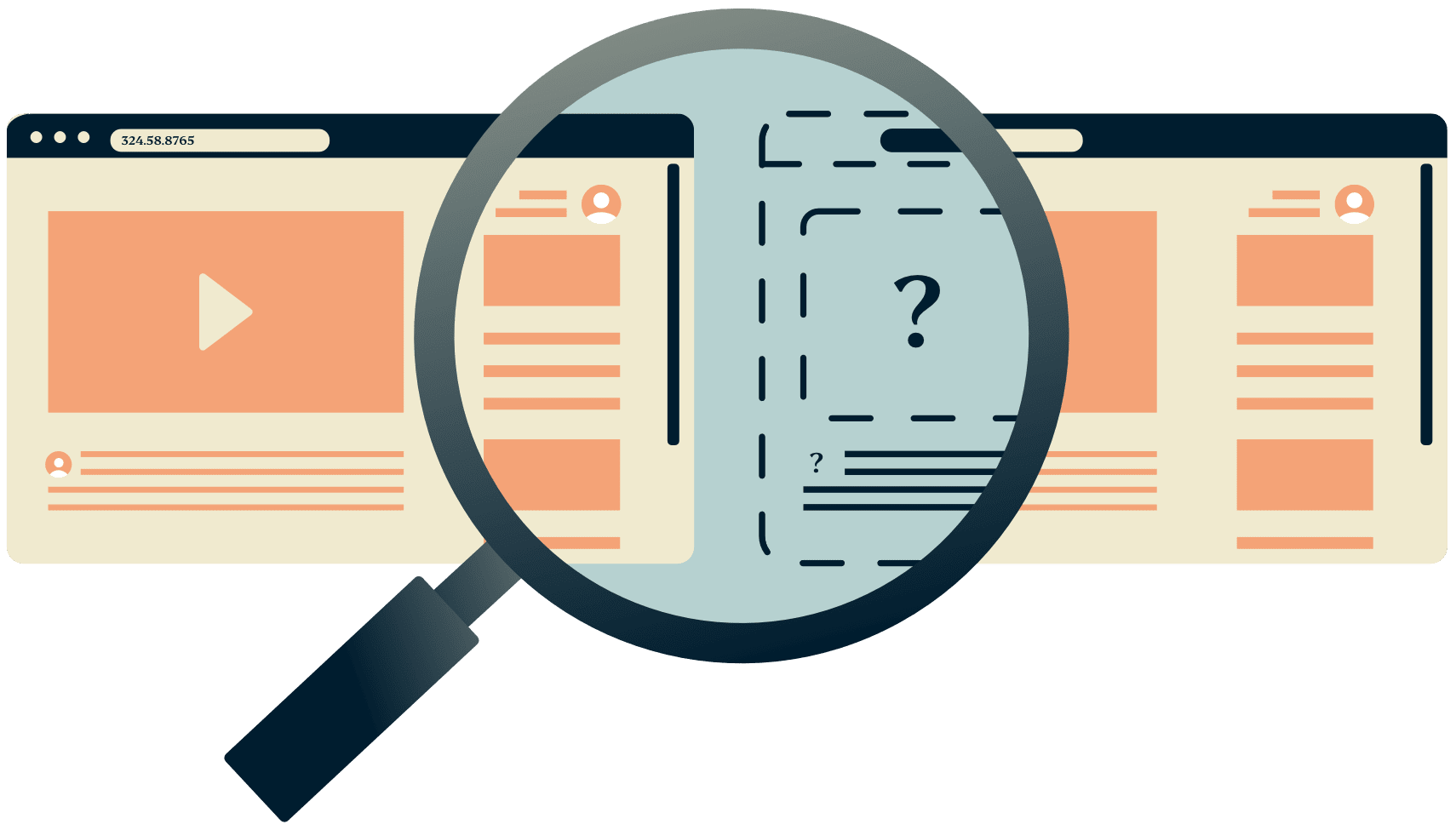 Ein Vergrößerungsglas über zwei Browser-Fenstern, von denen eines verborgen ist.