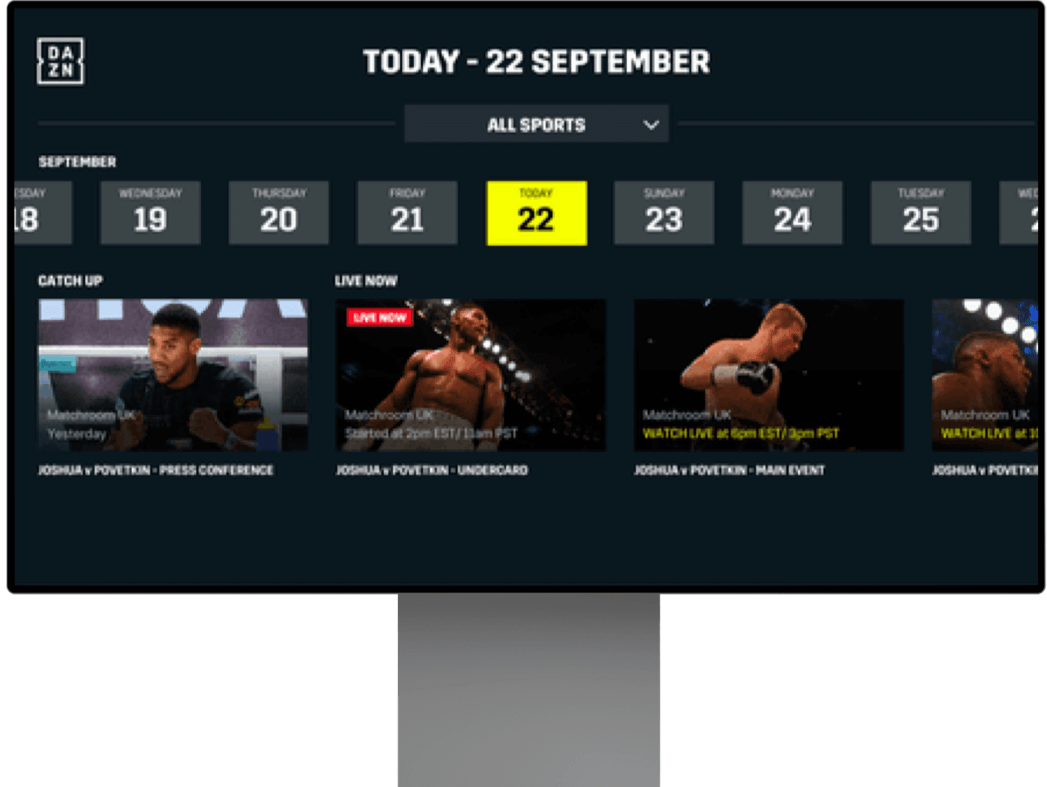 Dazn su un monitor per computer.