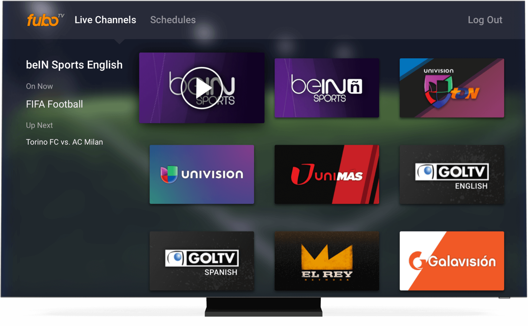 fuboTV thuisscherm op een smart tv.