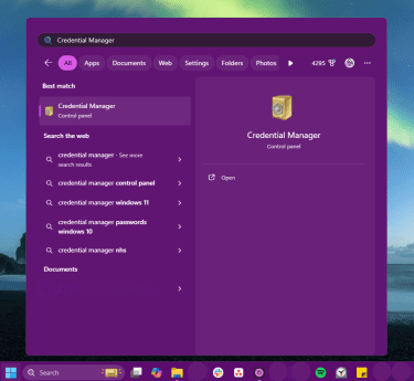 Windows device with search function showing the Credential Manager