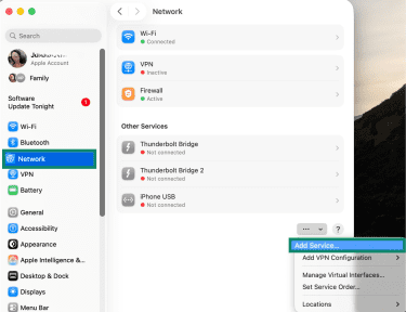 macOS Network settings with the three dots menu open and “Add Service” selected.