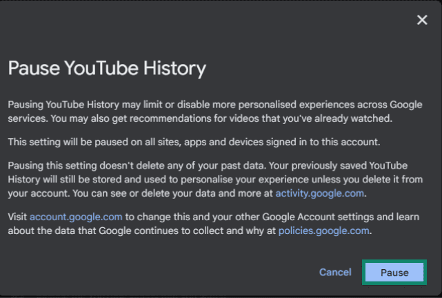 Pause YouTube History confirmation popup message
