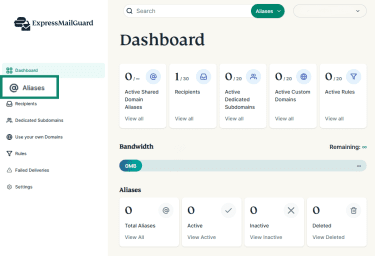 ExpressMailGuard dashboard showing alias, recipient, domain, and rule summary cards.