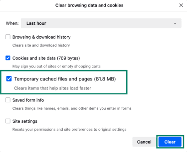 Firefox on Windows with Clear browsing data and cookies window open, with Temporary cached files and pages highlighted