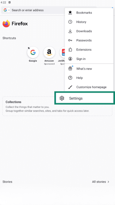 Firefox on Android showing open dropdown settings menu with Settings option highlighted