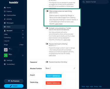How to turn off external search indexing for your Tumblr blog
