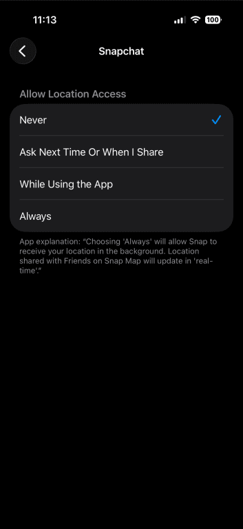 Snapchat location access settings showing Never selected