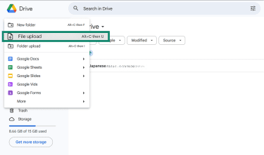 A Google Drive interface shows the "New" menu open with the File upload option highlighted.