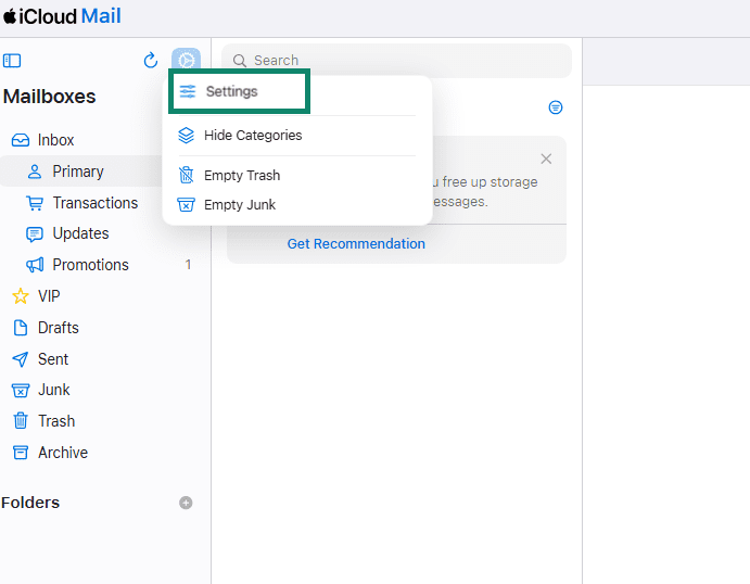 iCloud Mail settings menu with Settings option highlighted.