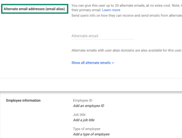 Google Workspace Admin panel showing the “Alternate email addresses” section with the alias field empty.