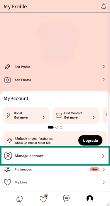 Navigating to the "Manage account" section from the Plenty of Fish profile overview in a mobile browser.