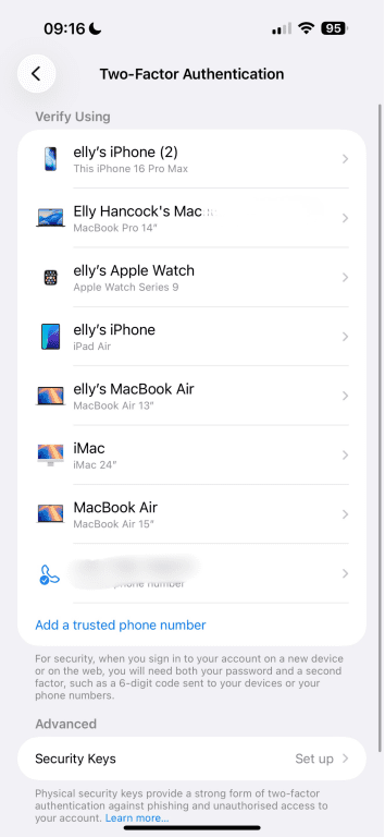 List of devices using two-factor authentication on Apple.