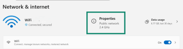 Windows Network & internet page displaying an active Wi-Fi connection with Properties highlighted.