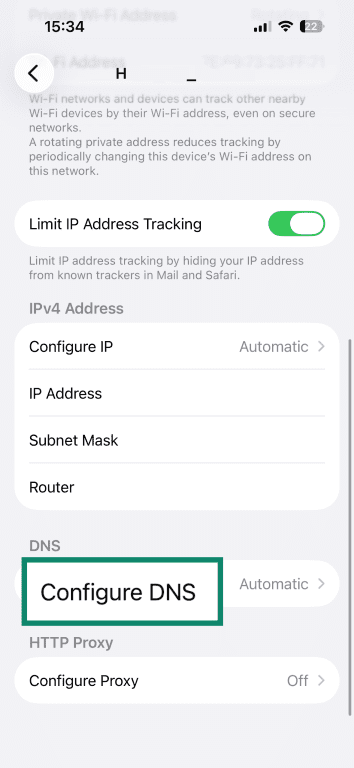 iPhone network details page showing IP settings, with Configure DNS highlighted.